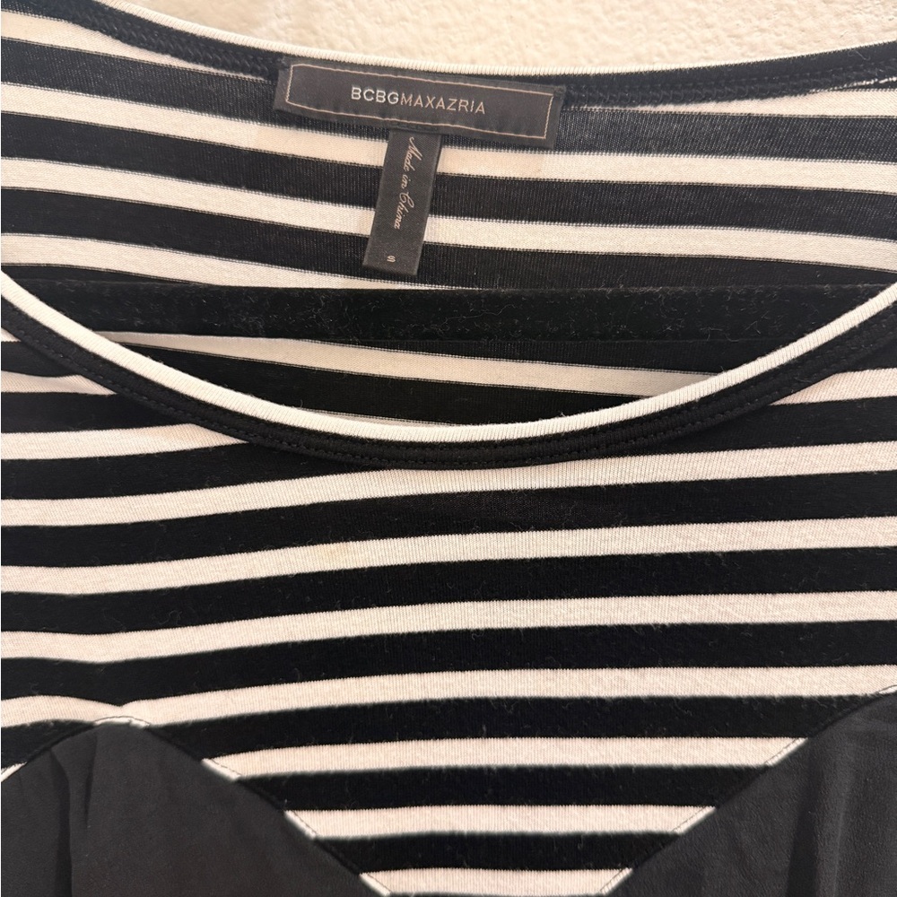 BCBGMaxAzria Black and White Striped Peplum Long Sleeve Top - Picture 2 of 2